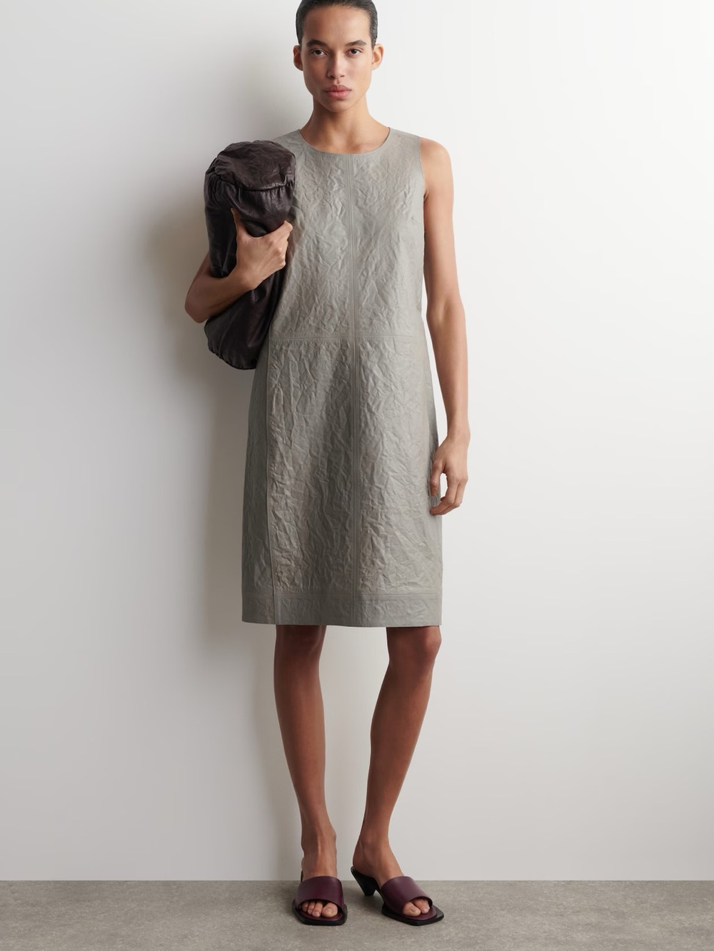 COS Sleeveless Leather Textured Shift Dress in Light Gray